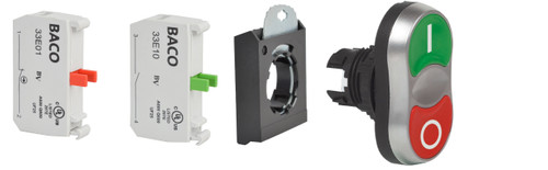 L62QA21B-3E11 | Baco Controls 22MM Green/Red Flush, Momentary, Twin Touch, Start-Stop With 1 NO, 1 NC Contact