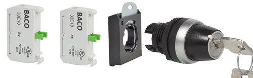 L21ND00 Baco Controls 22 mm 3 Position Momentary Chrome Bezel Key Switch with 2 Normally Open (NO) and 3 Position Clip