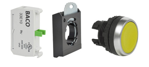 L22AB02-3E11 Baco Controls 22mm Green Projected Mom PB Black Bezel w/ 1 NO 1 NC, 3 Pos Clip