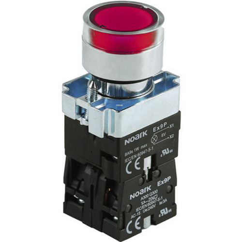 Ex9PBW3465C Noark Pushbutton Illuminated, Ex9PB,  Momentary  Flush w/ Guard, Red 1NO+1NC, 12Vac/dc