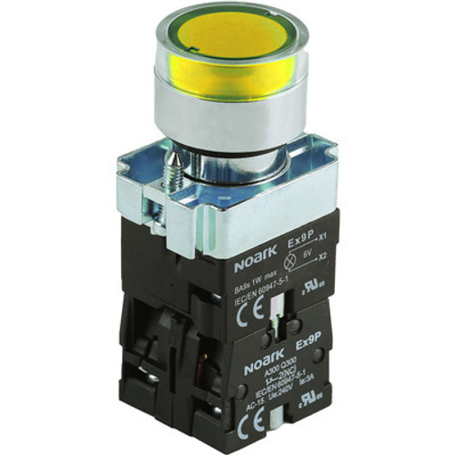 Ex9PBW3565F Noark Pushbutton Illuminated, Ex9PB,  Momentary  Flush w/ Guard, Yellow 1NO+1NC, 48Vac/dc