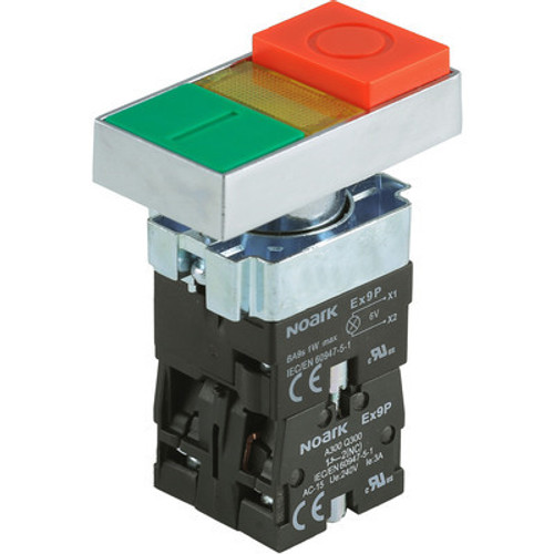 Ex9PBW8465F Noark Pushbutton Illuminated, Ex9PB, Momentary Double Head Extended, Red+Green 1NO+1NC, 48Vac/dc