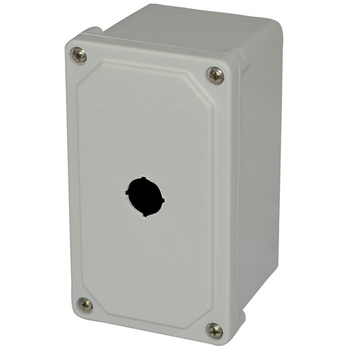 AM1PB22 | 7 x 4 x 3 Fiberglass small junction box with 4-screw lift-off cover and 1 pushbutton hole