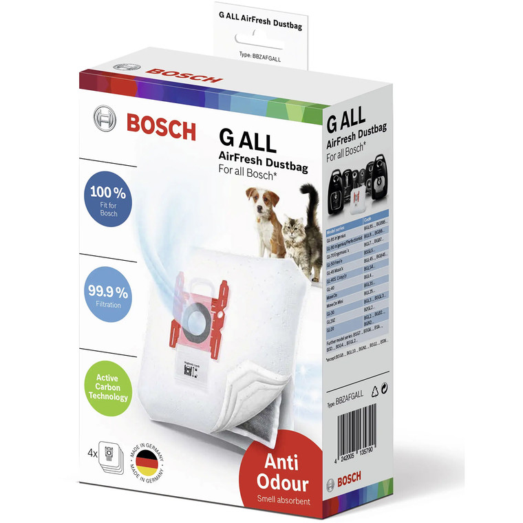 Genuine Bosch 'BBZAFGALL' AirFresh Type GALL Vacuum Cleaner SMS Microfibre Bags (Pack of 4, 17002915)