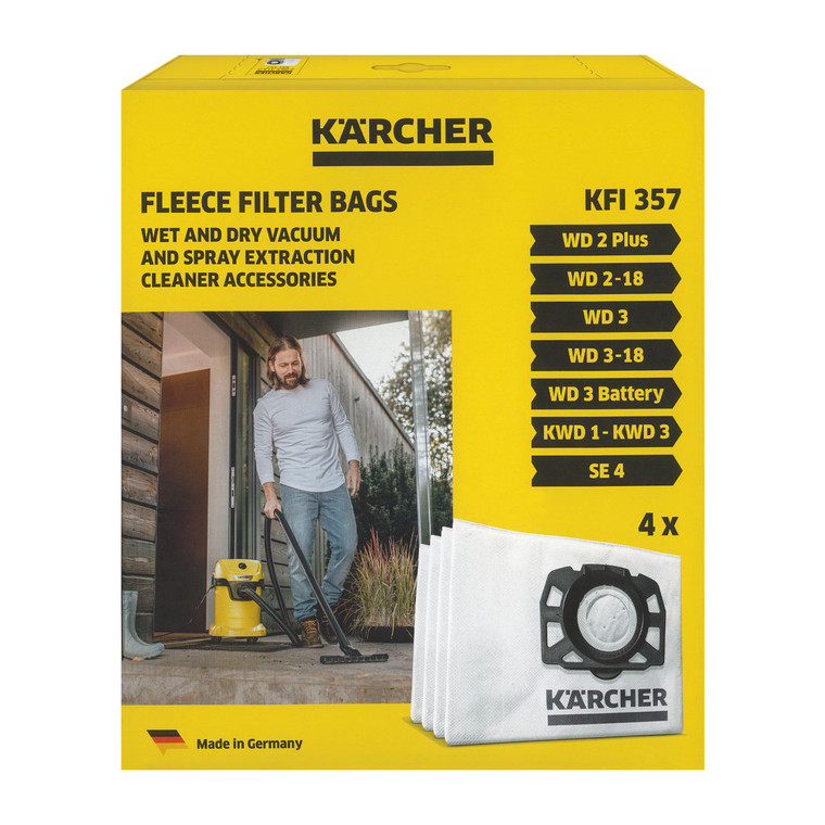 Genuine Karcher 'KFI357' Type WD2, WD3, KWD1-3, WD3.200-WD3.800M, SE4001-2 Series Vacuum Cleaner SMS Microfibre Dust Bags (Pack of 4)