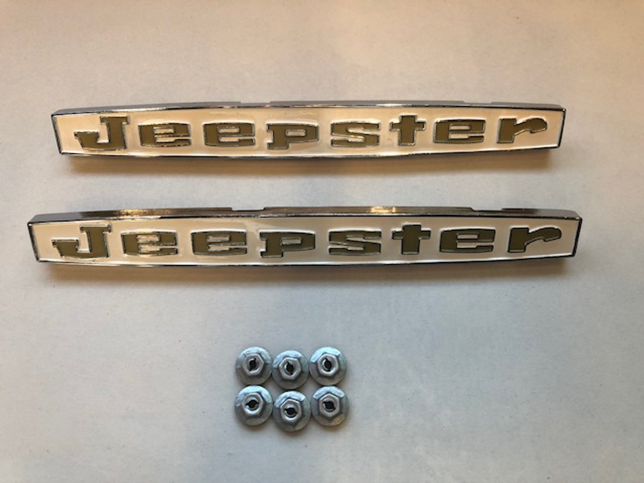 Jeepster Hood Kit, Gold. Save by buying as a kit!!



Includes:

2 Jeepster hood emblems, gold lettering

6 correct emblem nuts