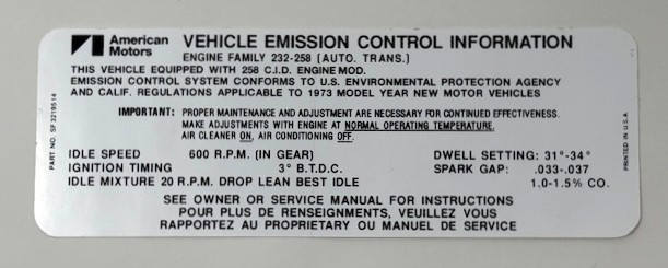 Emissions decal, 1973 AMC 232/258 with auto transmission