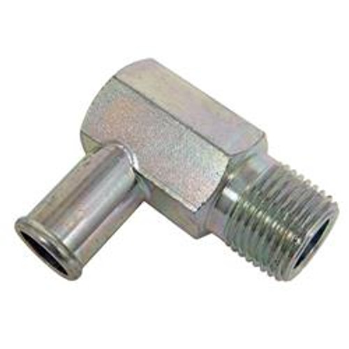 Heater hose fitting, 1/2" NPT x 5/8" barbed, 90 degree