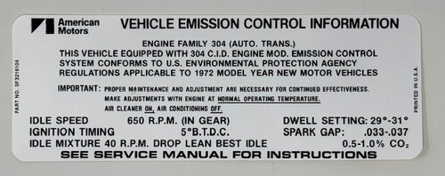Emissions decal, 1972 AMC 304 with auto transmission