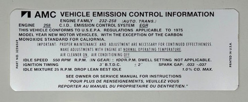 Emissions decal, 1975 AMC 258 with auto transmission