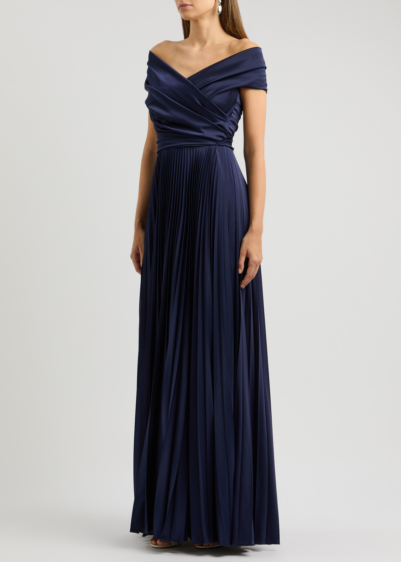 Off-the-Shoulder Pleated Gown with Surplice Bodice Sage