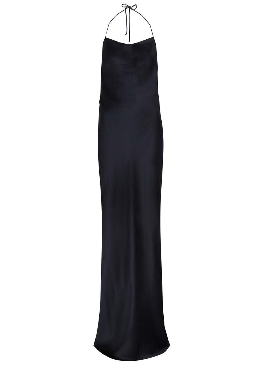 BEVZA Navy halterneck satin maxi dress | Harvey Nichols