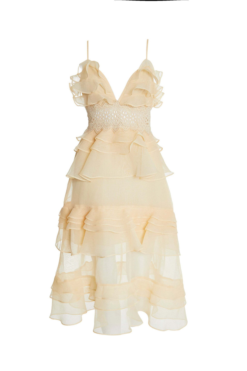 TRUE DECADENCE Pale yellow plunge front tiered ruffle midi dress