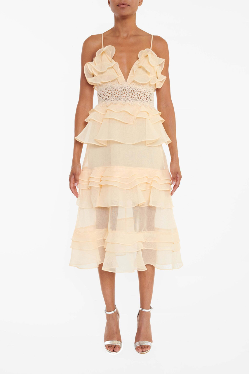 Pale yellow plunge front tiered ruffle midi dress