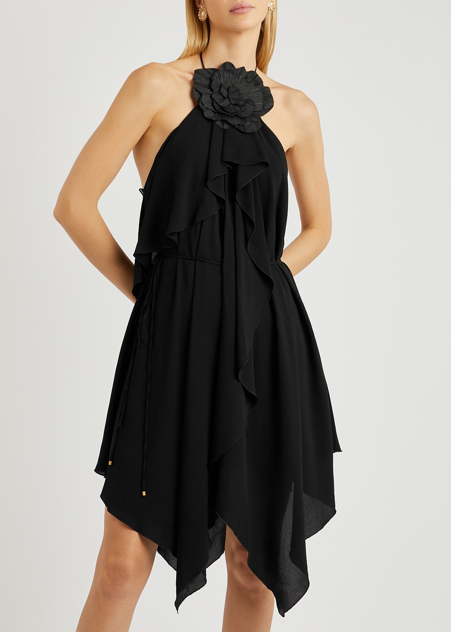 BLUMARINE Black floral-embellished flared dress | Harvey Nichols