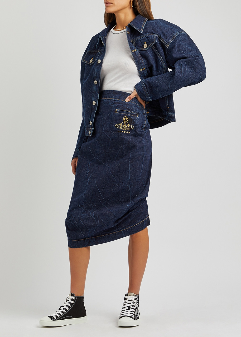 VIVIENNE WESTWOOD Dark blue pleated denim midi skirt | Harvey Nichols