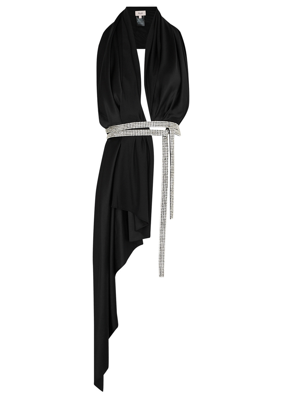 NUE STUDIO Bianca black stretch-silk satin wrap top | Harvey