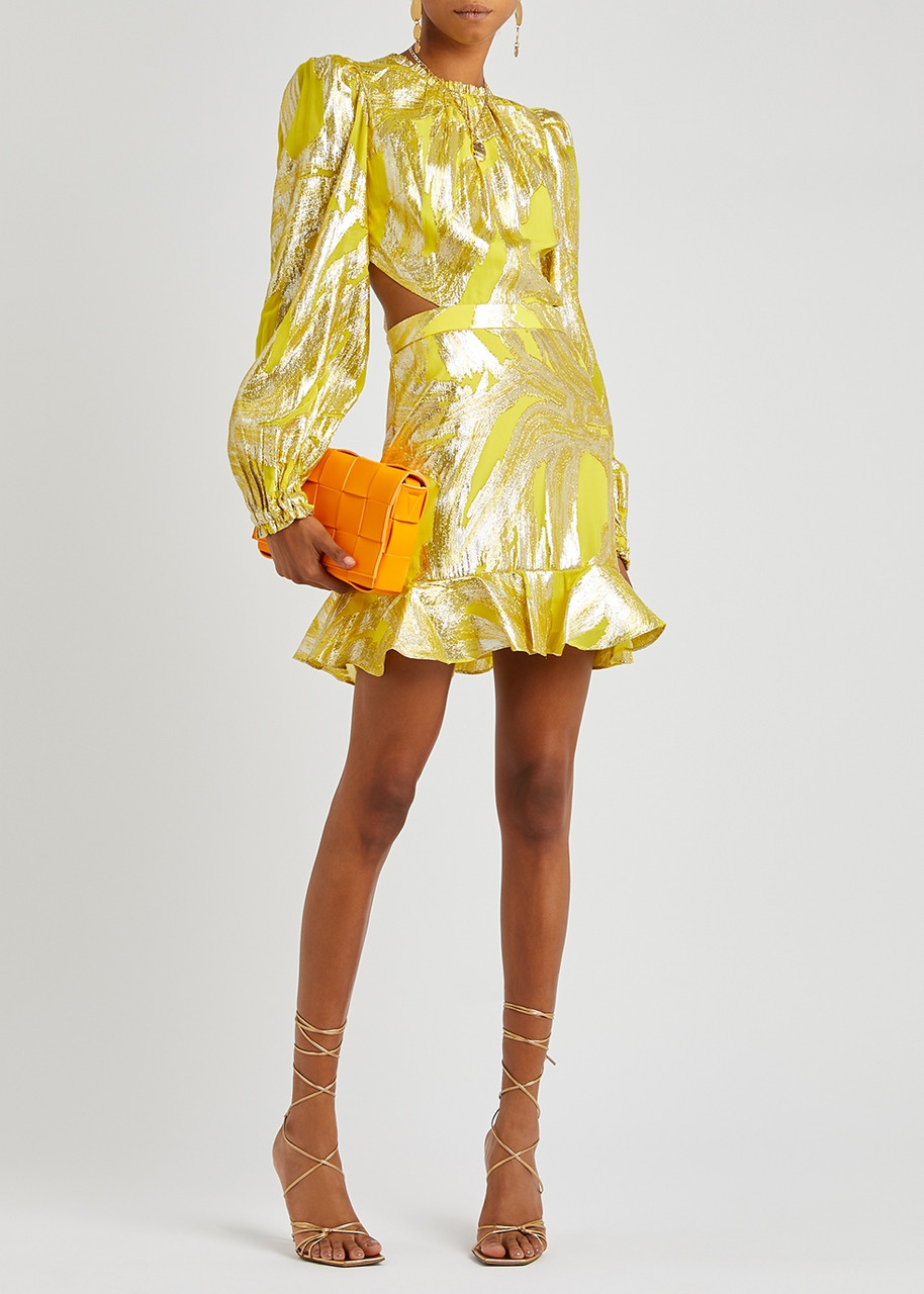 REBECCA VALLANCE Navarro yellow metallic silk-blend mini dress