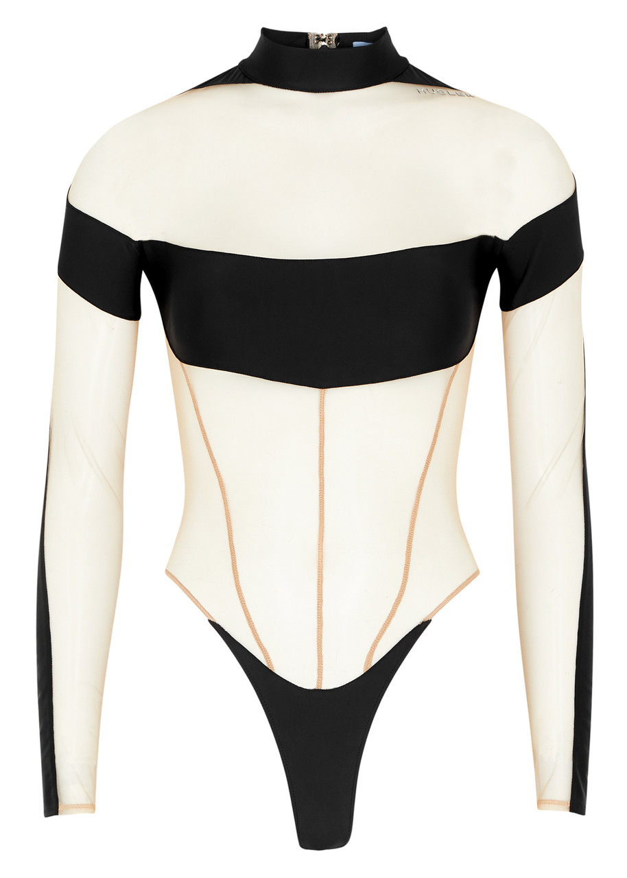 MUGLER Panelled jersey and tulle bodysuit