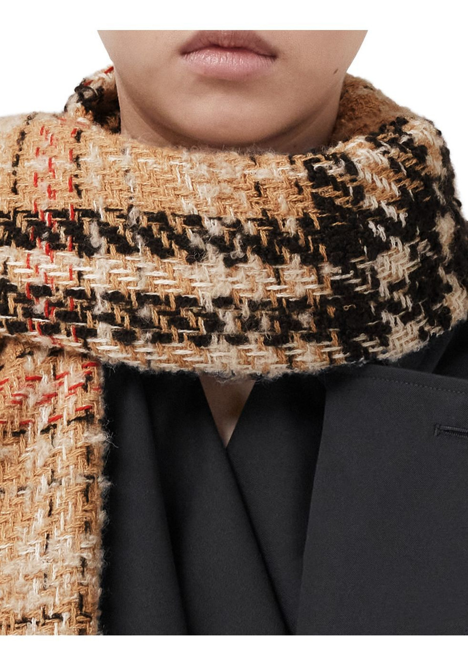 Check Cashmere Silk Blend Tweed Scarf in Archive Beige