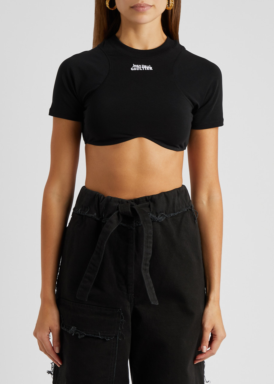 【Jean Paul Gaultier】ロゴコットンジャージクロップトップ JEAN PAUL GAULTIER Logo cropped stretch-cotton top | Harvey