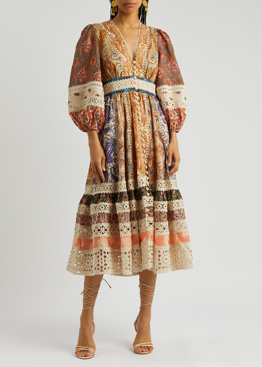 ZIMMERMANN Devi Spliced printed linen midi dress | Harvey Nichols