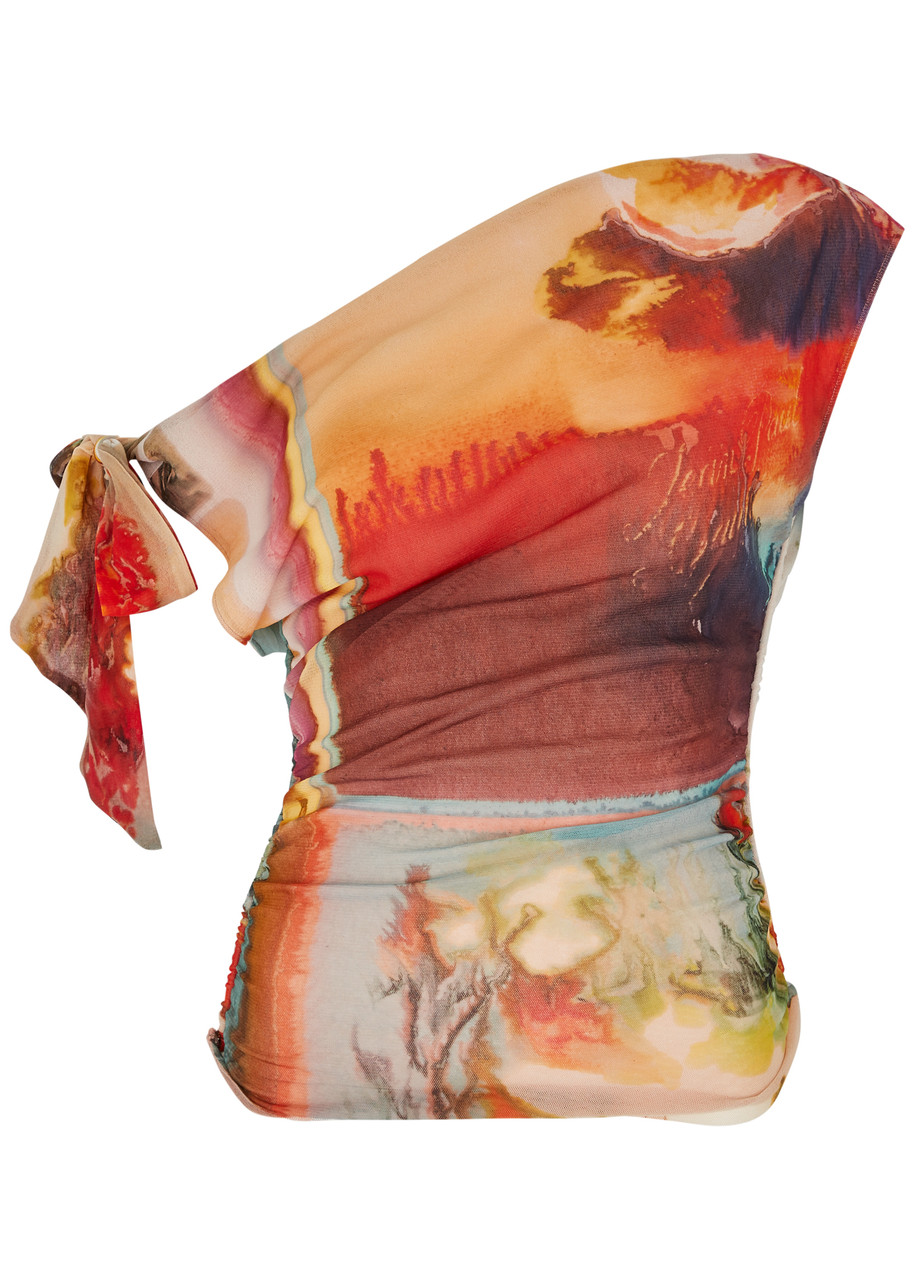 JEAN PAUL GAULTIER Scarf printed one-shoulder tulle top | Harvey