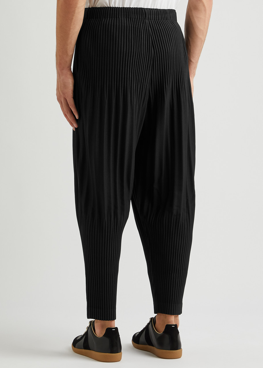 DECESOLO multi-pleated cropped pantsブラック Japanese linen multi-pleated retro straight loose wide-leg