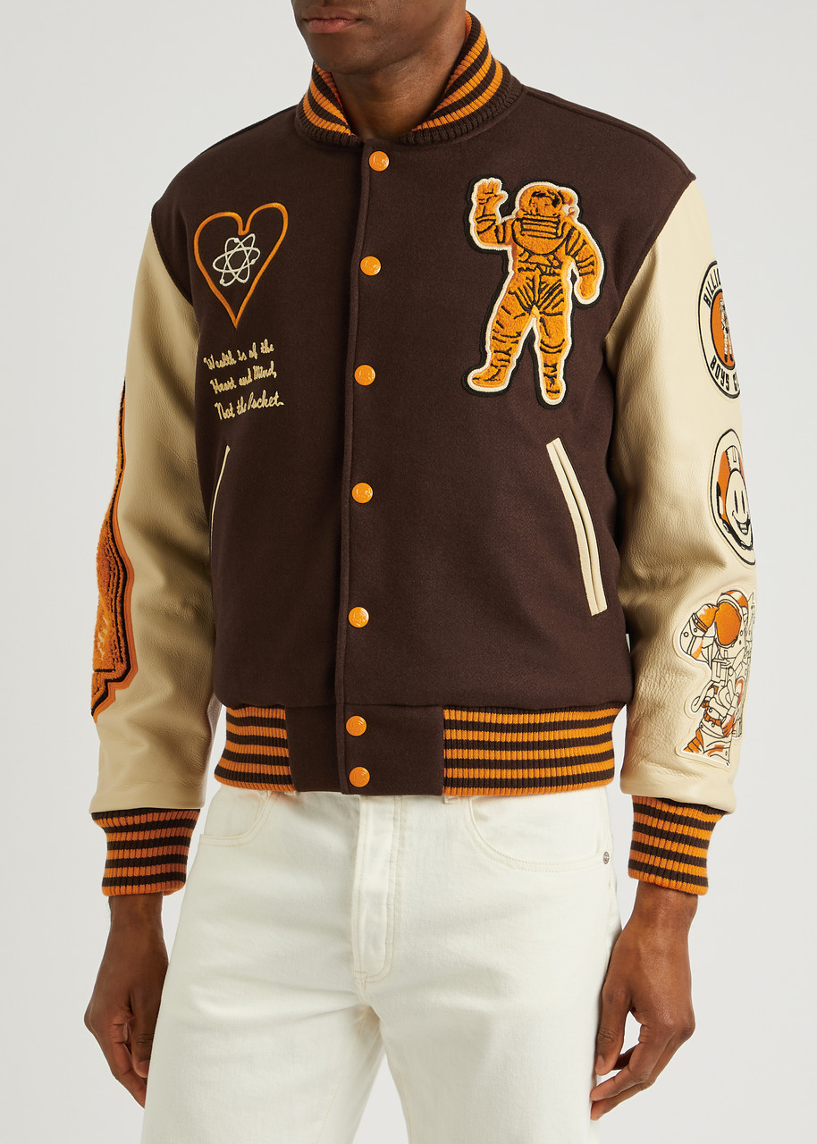 Billionaire Boys Club Men's Leather Sleeve Galaxy Varsity Jacket Brown