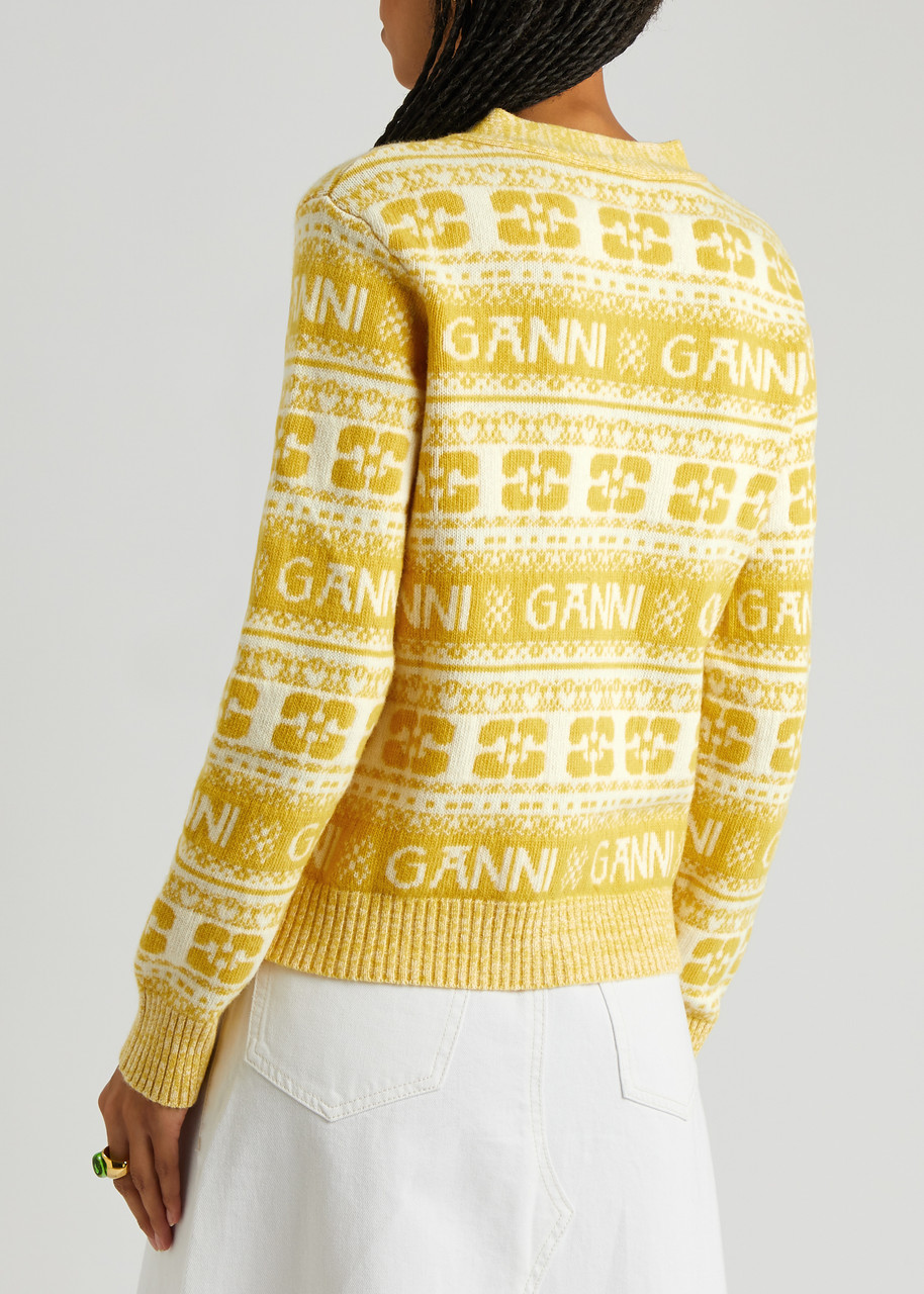 GANNI Logo-intarsia wool-blend cardigan Harvey Nichols