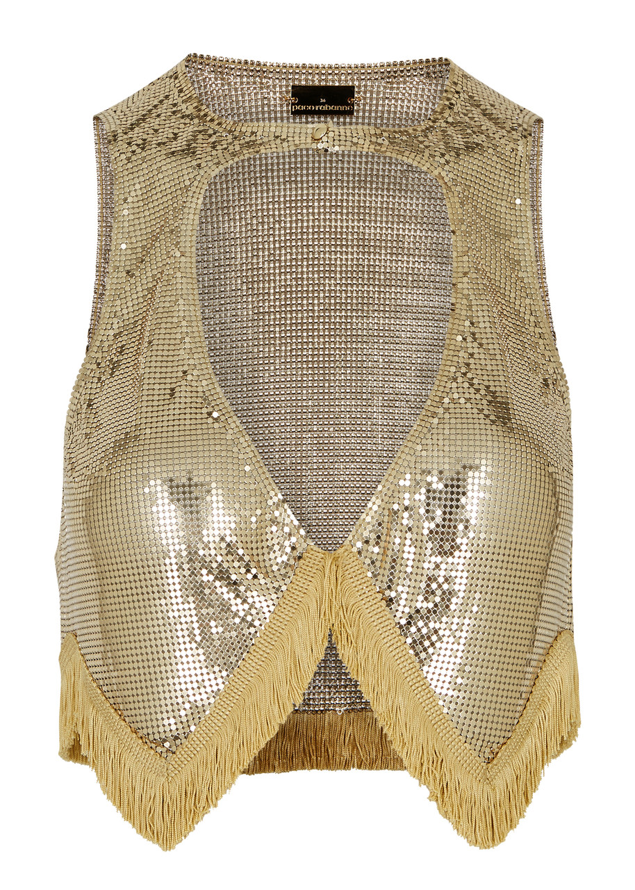 RABANNE Fringe-trimmed cropped chainmail top
