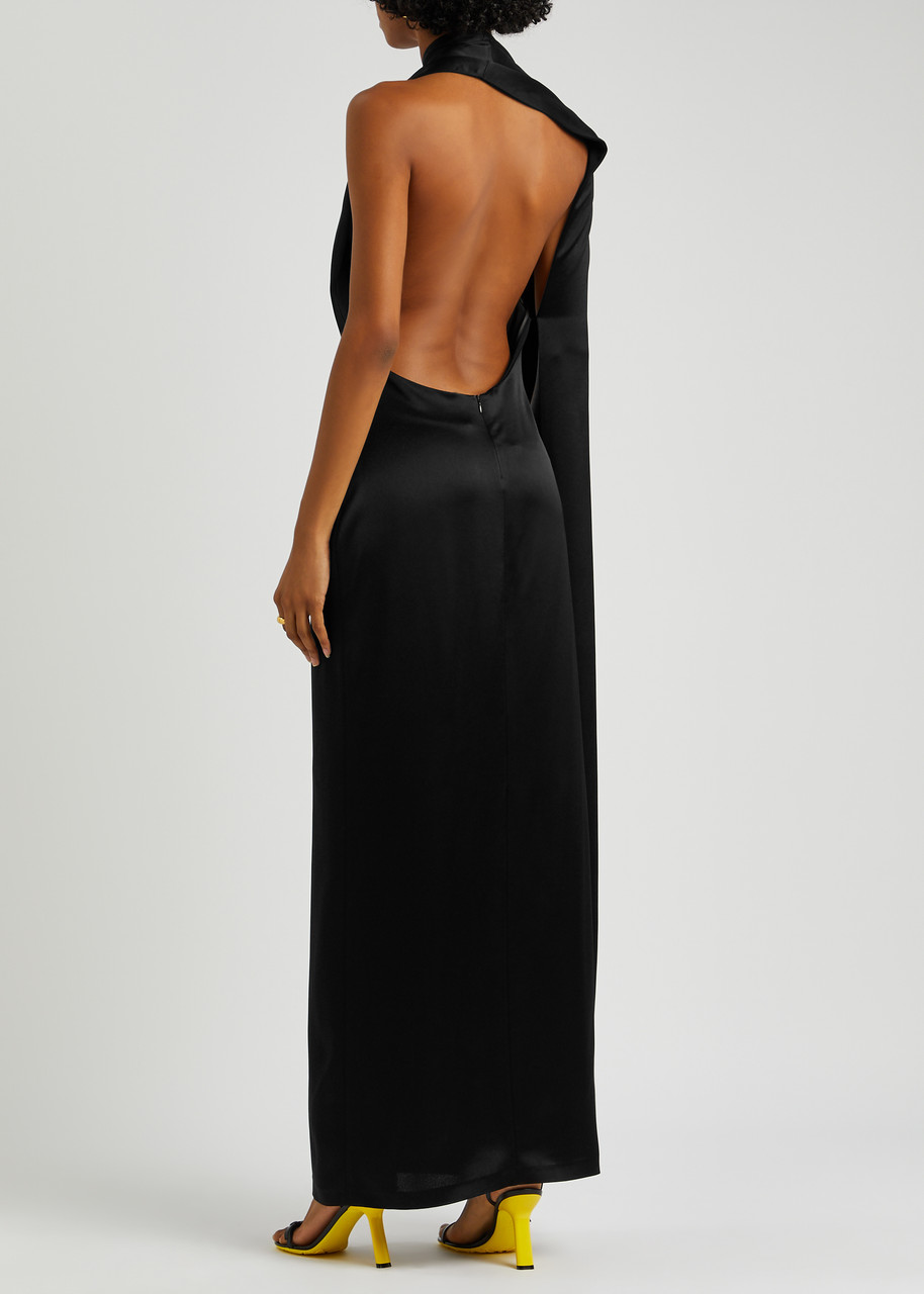 【送料&関税込】Loewe Black Satin Long Dress LOEWE Scarf-effect halterneck satin maxi dress | Harvey Nichols