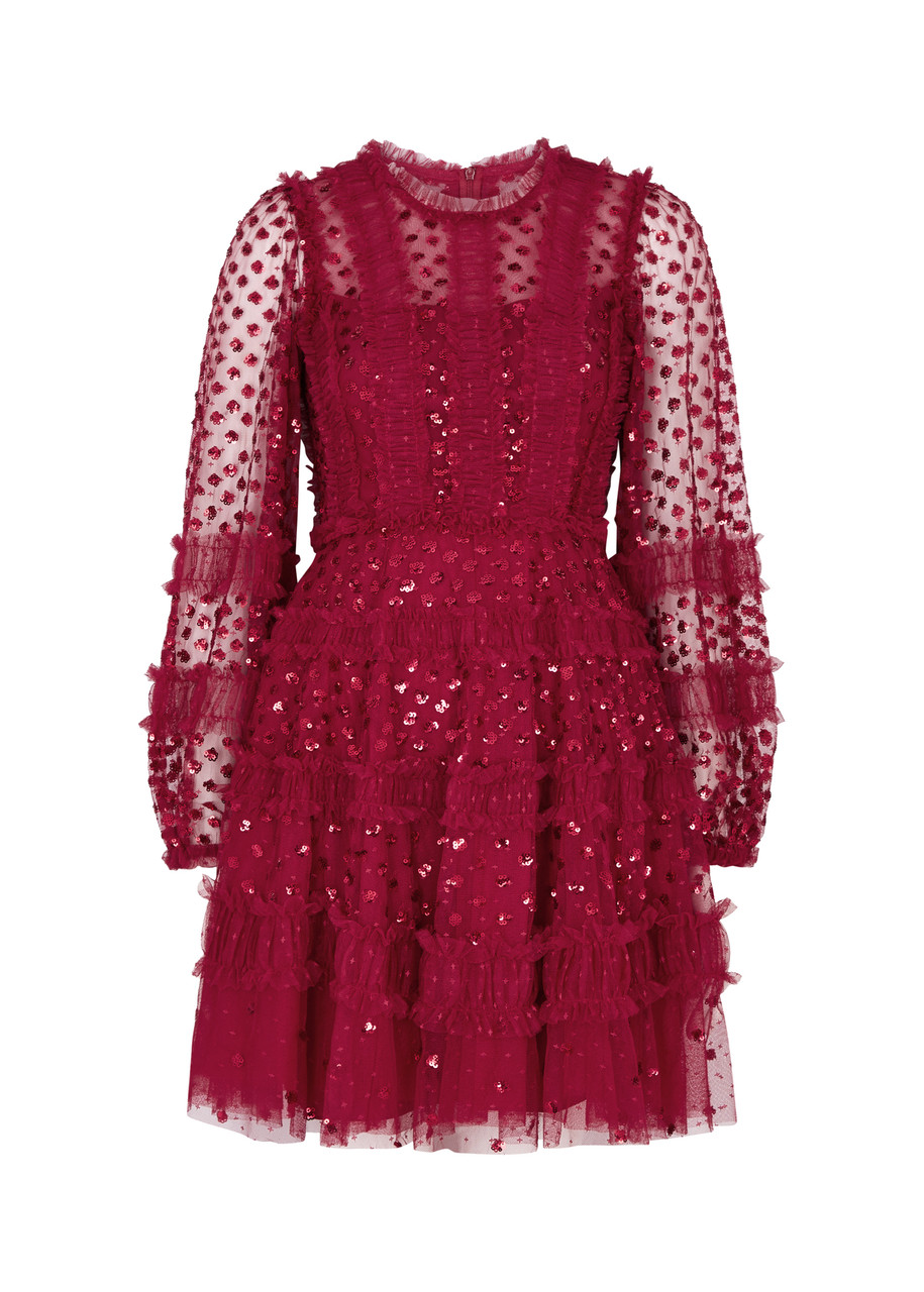 NEEDLE & THREAD Dot Shimmer ruffled embellished tulle mini dress