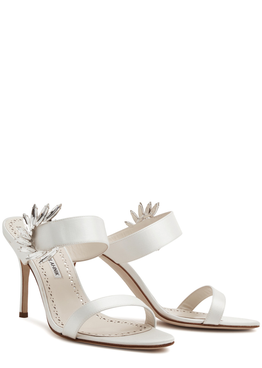 MANOLO BLAHNIK Chivela 90 crystal-embellished satin mules | Harvey 