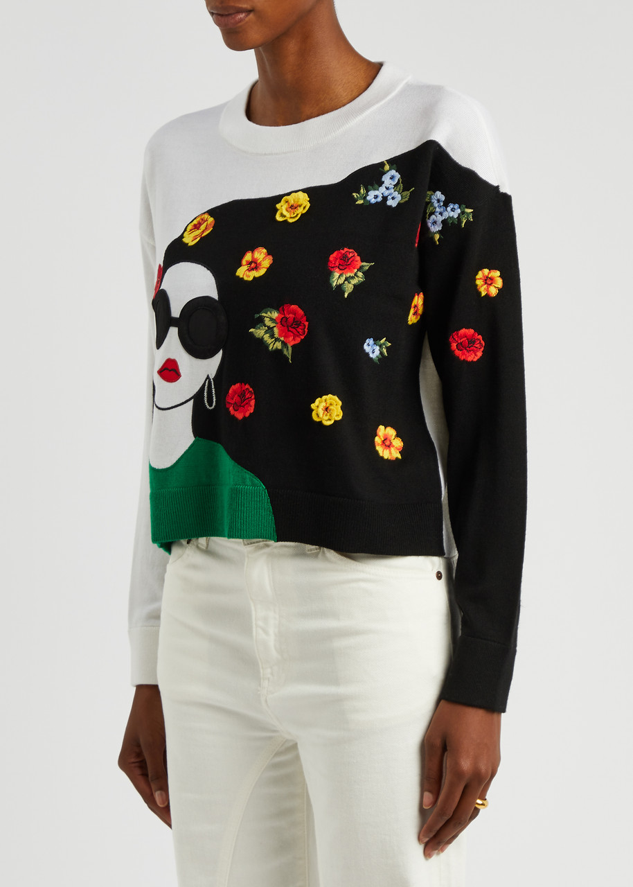 ALICE + OLIVIA Gleeson Stace Face embroidered stretch-wool jumper 