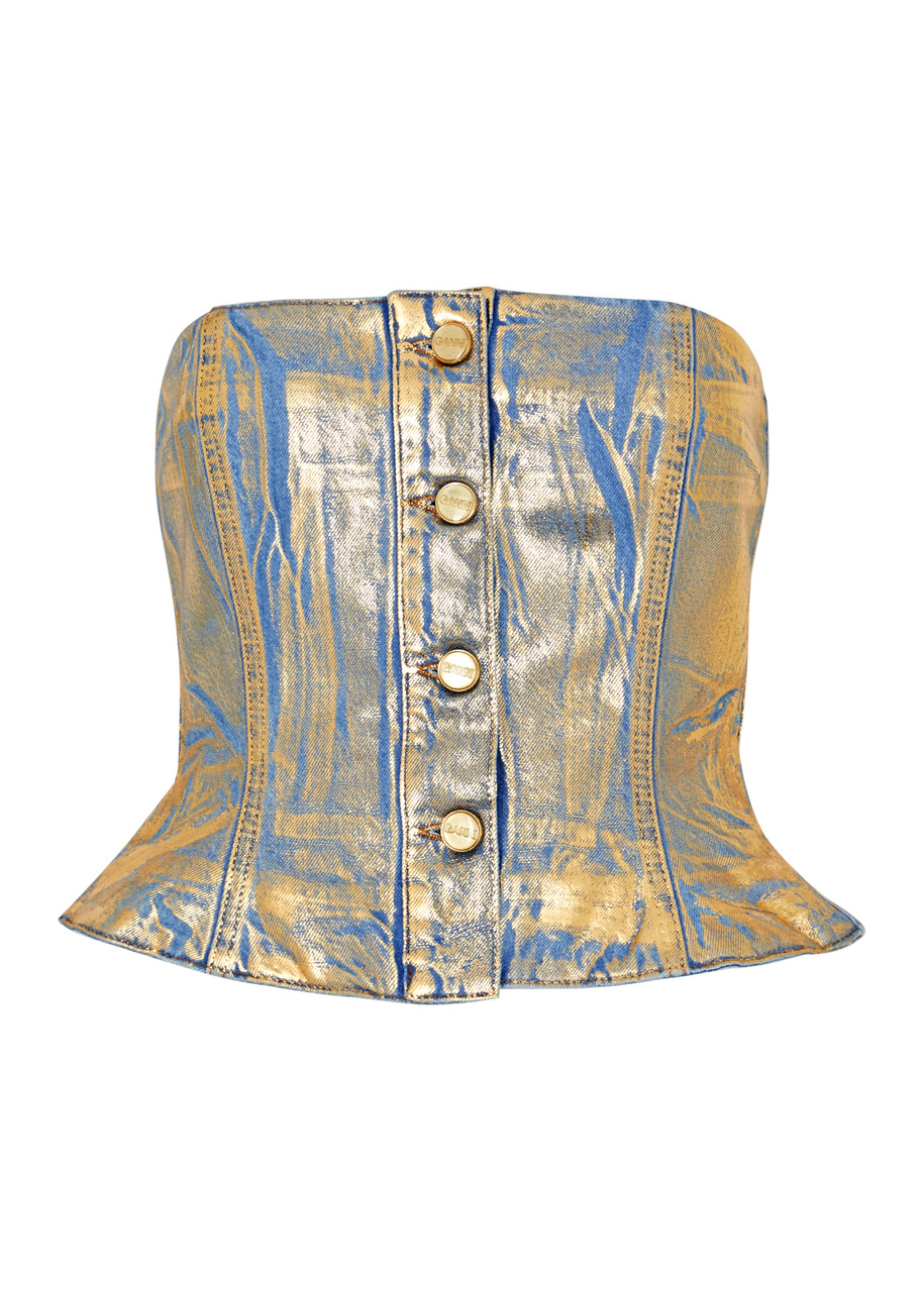 Blue Metallic Print Denim Corset Top, Denim