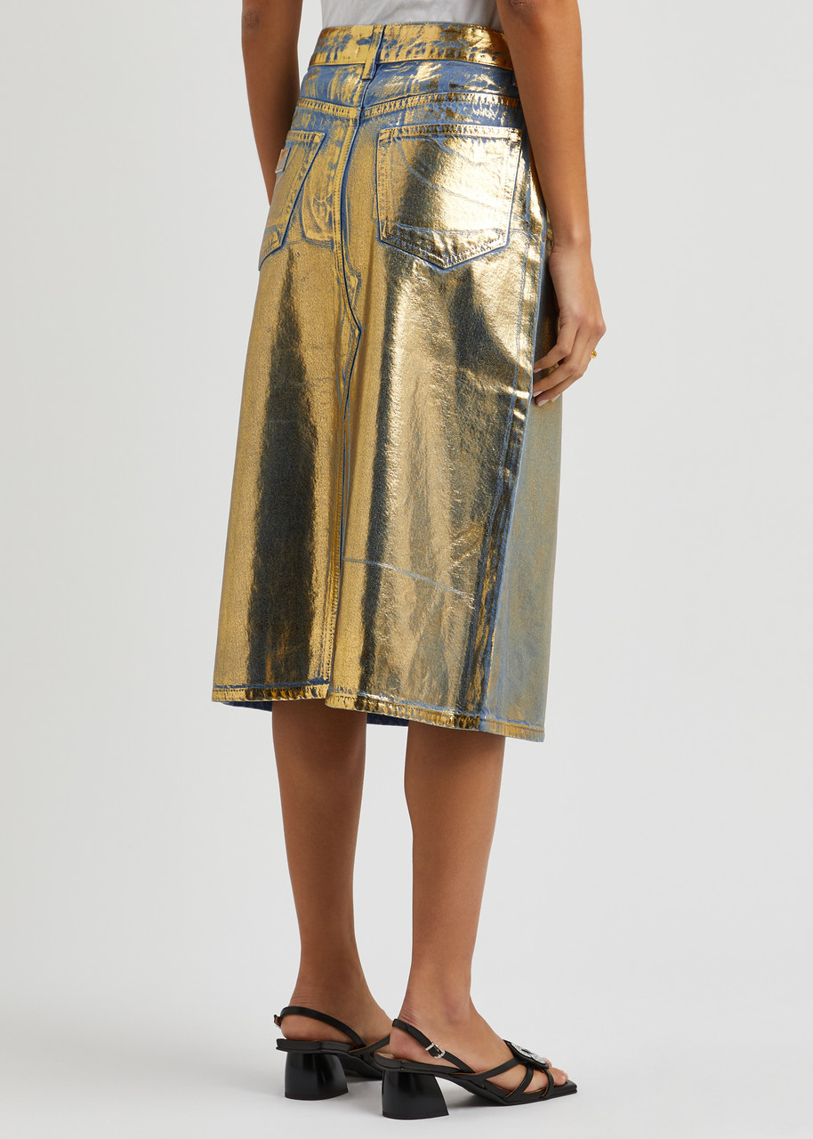 美品GANNI Gold Denim Midi Skirt Gold Gold Denim Midi Skirt | GANNI FR