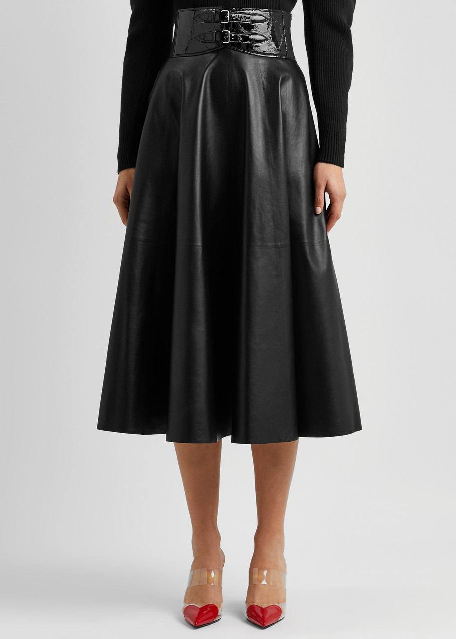 ALAÏA Belted leather midi skirt | Harvey Nichols