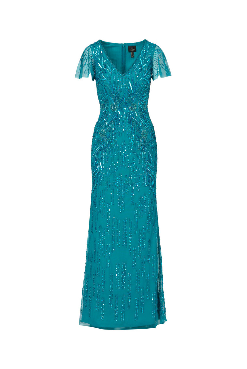 NEW Adrianna Papell Metallic Mesh Short Flutter Sleeve Lace Thigh Gown SZ 8  | eBay