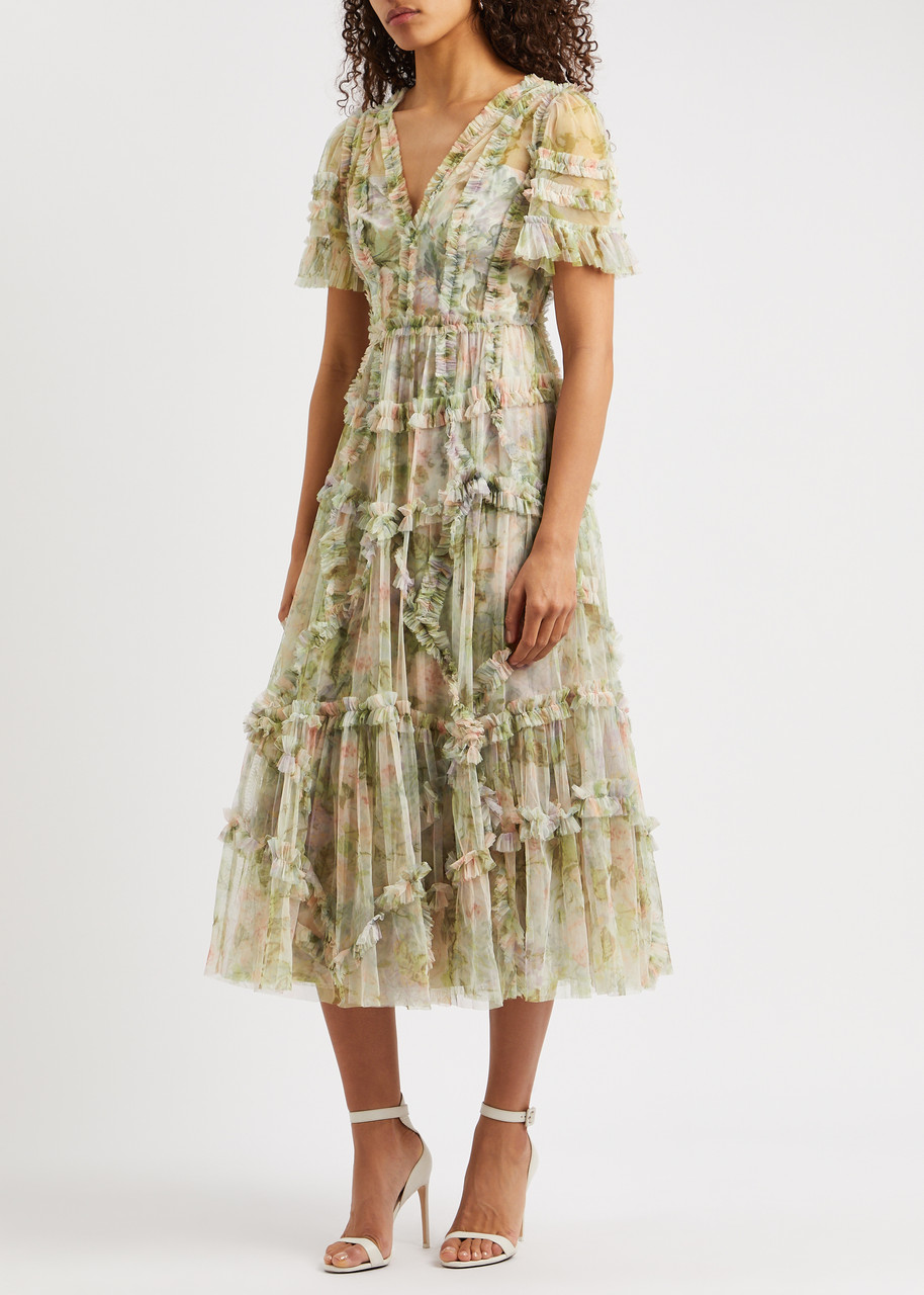 knee length dresses for ladies Baltic Born Womens Dani Ruffle Tiered Midi Dress | Multi Floral main image 1