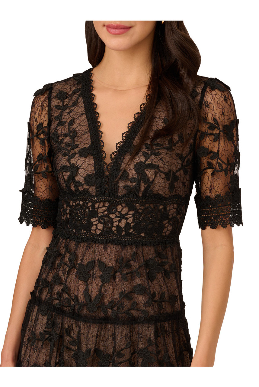 【海外限定】AdriannaPapell ドレス☆Lace Embroidery Black Dre ADRIANNA PAPELL Lace embroidery dress | Harvey Nichols
