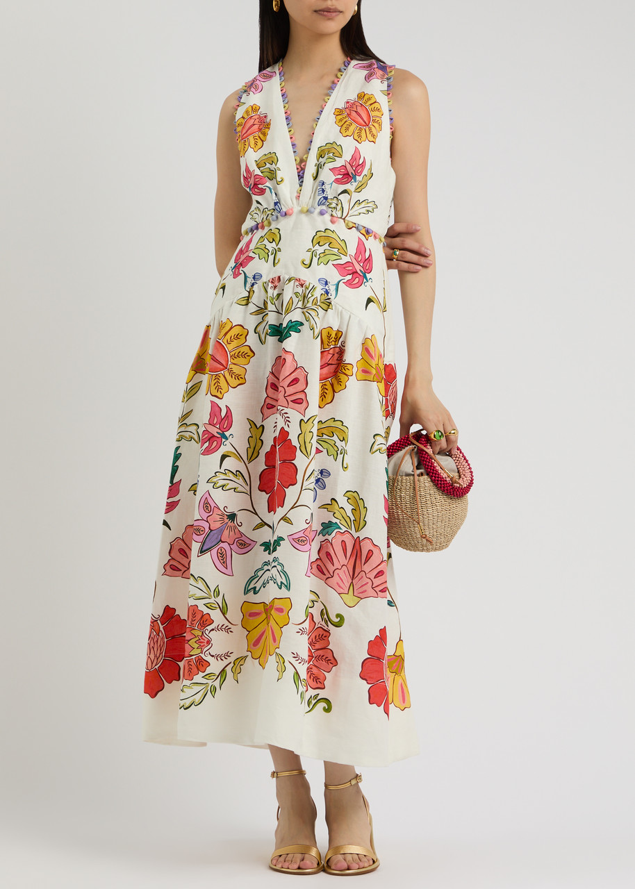FARM RIO Floral Insects printed linen midi dress | Harvey Nichols