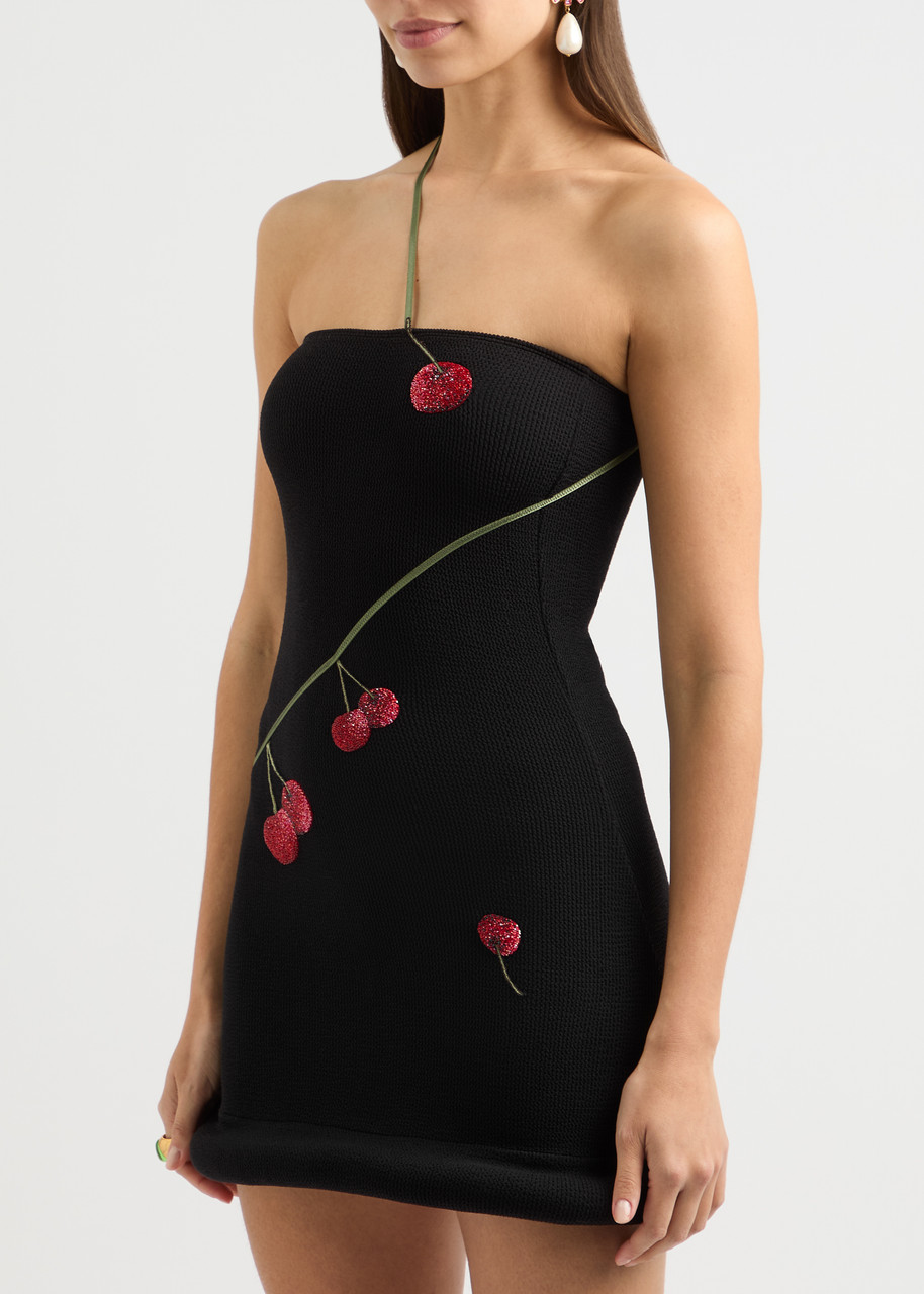 LESLIE AMON Cherry-embellished seersucker mini dress | Harvey Nichols