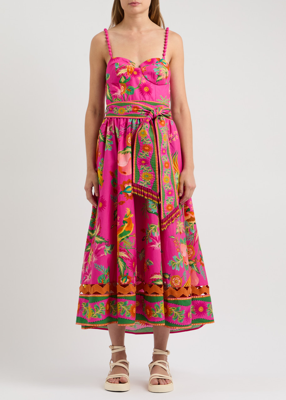 strapless open back dress Farm Rio botanical beauty dress with bow detail pink