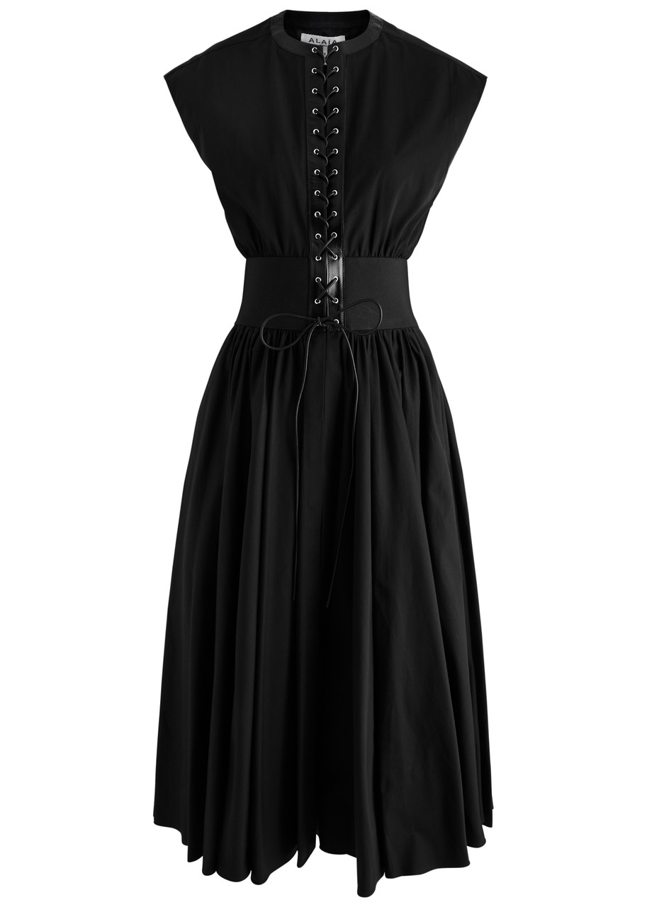 ALAÏA Lace-up cotton-poplin midi dress | Harvey Nichols