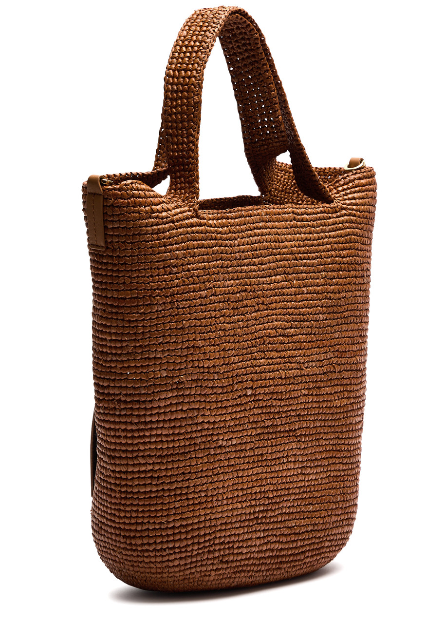 Mini Slit Tote 30cm Beige Raffia Tan Calfskin