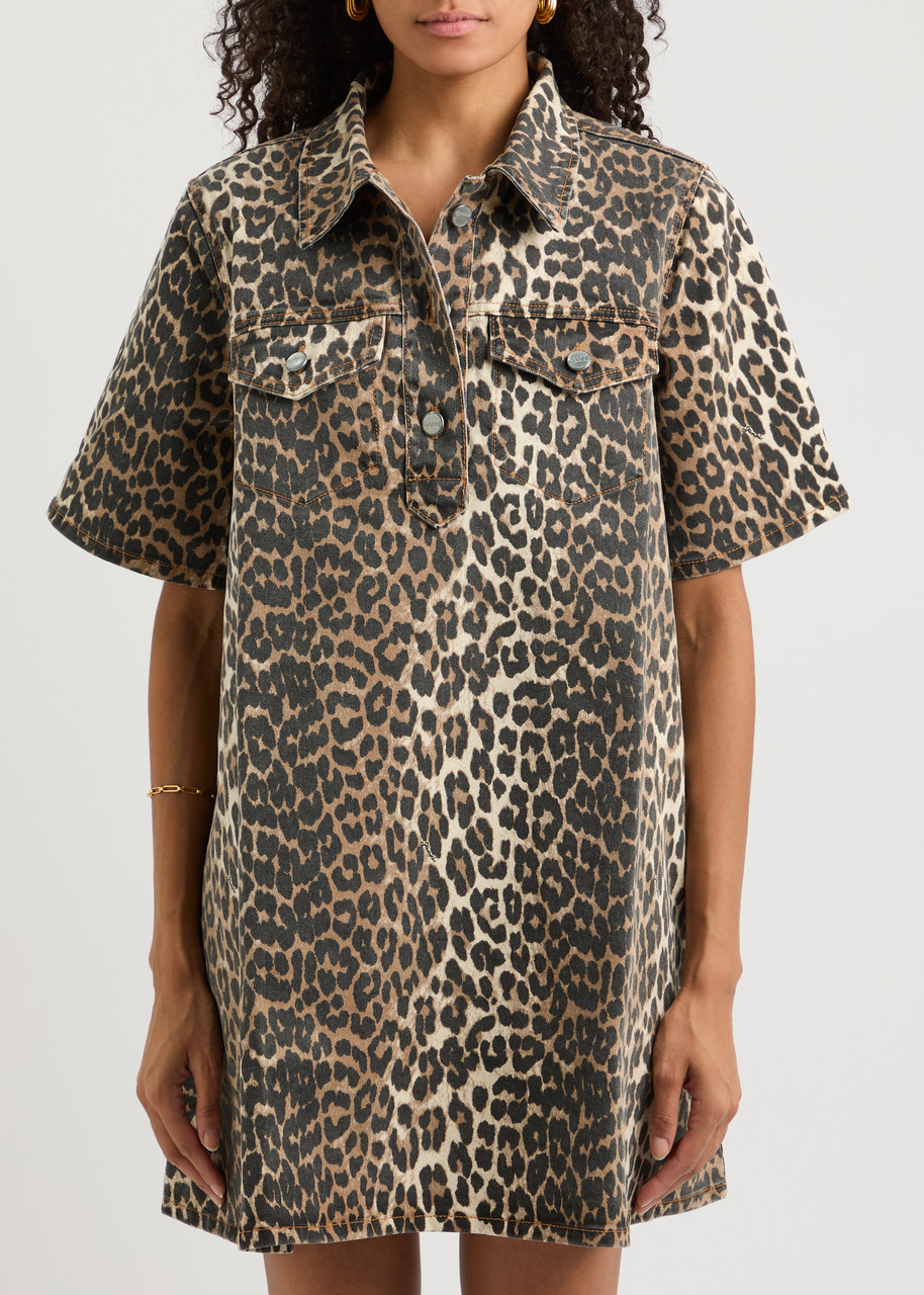 ganni leopard dress denim Denim Shirt Dress Leopard Print Denim Dress Leopard Print Denim Mini Dress  GANNI