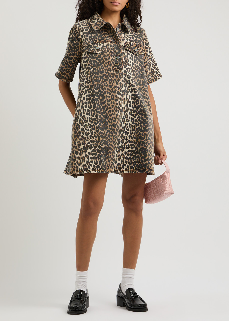 ganni leopard denim dress Ganni Leopard Printed Denim Mini Dress Willow & Wolf Marlborough