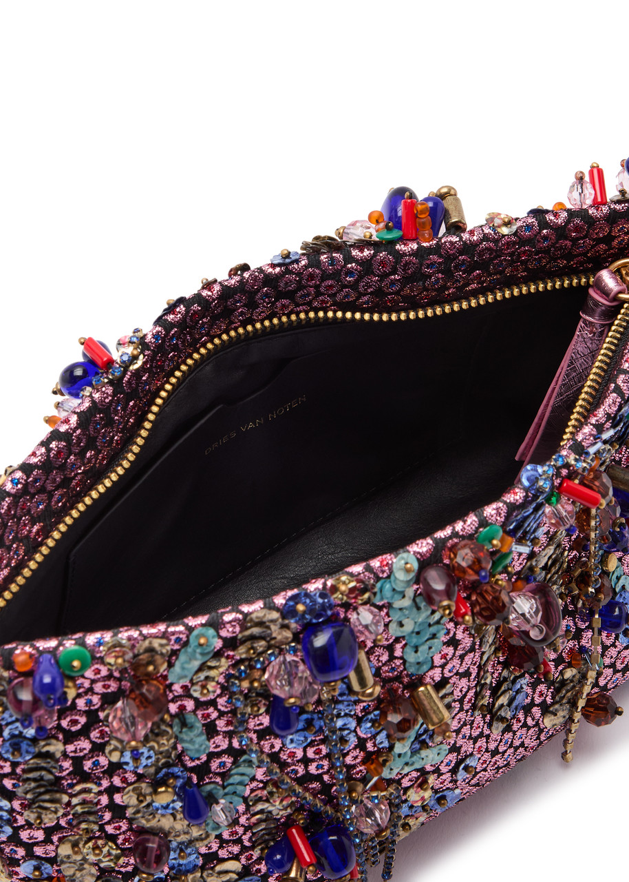 DRIES VAN NOTEN Crisp embellished metallic-jacquard clutch