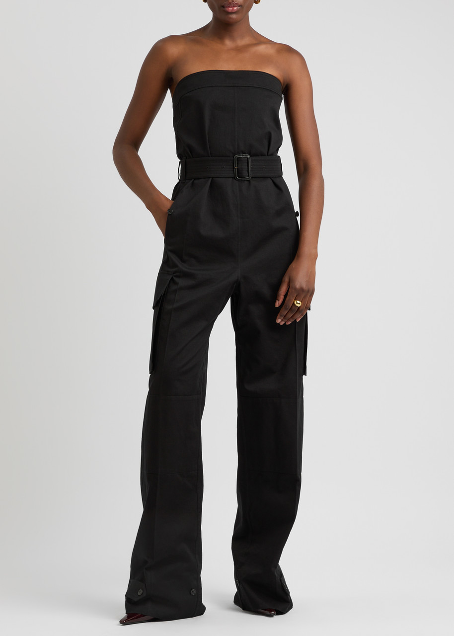 SAINT LAURENT Strapless belted cotton-twill cargo jumpsuit SAINT LAURENT Strapless belted cotton-twill cargo jumpsuit